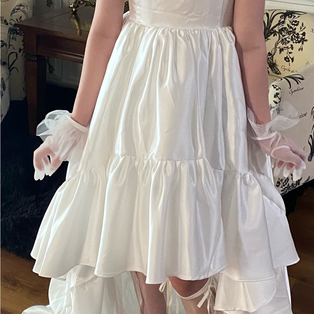 Elegant White Ruffled Dress with Gloves